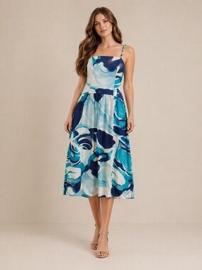 Christian Lacroix Linen Blend Abstract Blue Midi Dress NWT Resort Summer